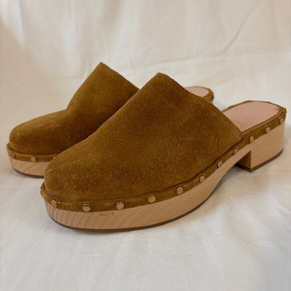 J. Crew Dakota Suede Studded Wooden Platform Clogs in Burnished Pecan Size 6.5 - Picture 1 of 11